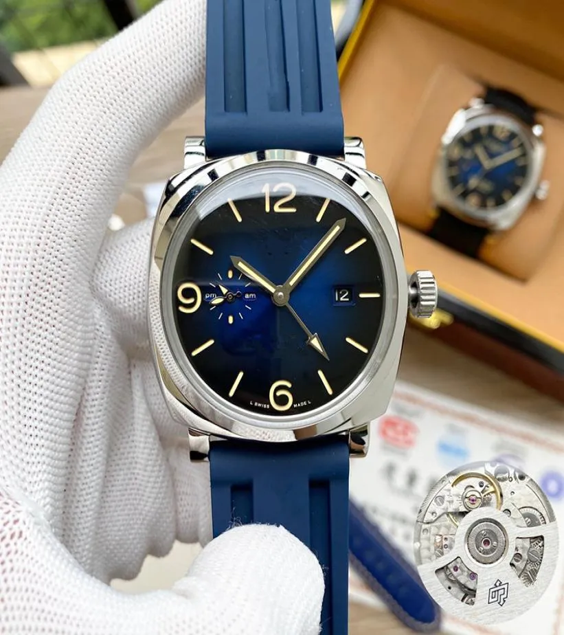 Relógios de pulso de 45 mm de couro PAM 316L Aço inoxidável para homem azul cor automática de cores impermeáveis