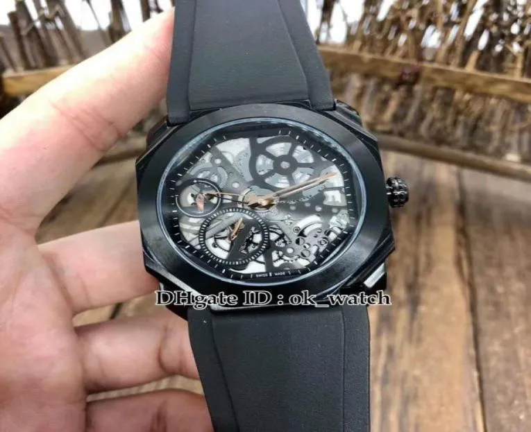 NOVO 41mm Octo Finissimo 103126 Automático Relógio de Squeleto Dial PVD Gents de aço preto Sports relógios de borracha Strap1123326