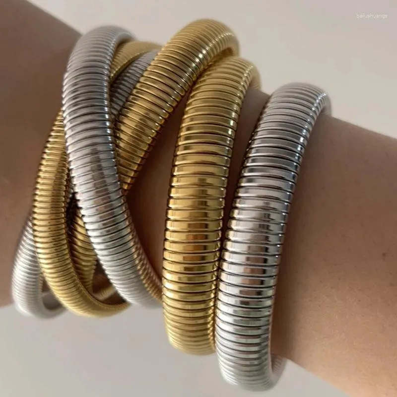 Bangle bondgenoten dikke dikke dikke metalen haringbon stretch roestvrijstalen armbanden statement gouden kleur waterdichte mode sieraden