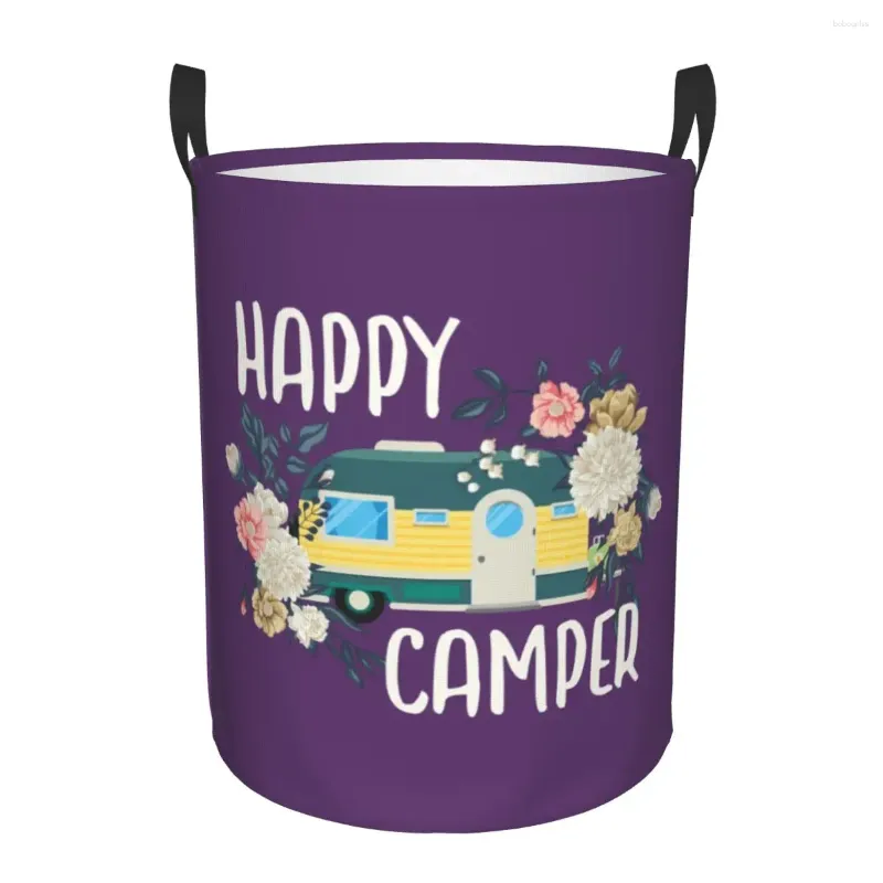 Sacs à linge Happy Camper Flowers Panier imprimé pliable Cartoon RV Camping Baby Hamper for Nursery Toys Organizer Rangement Bacs