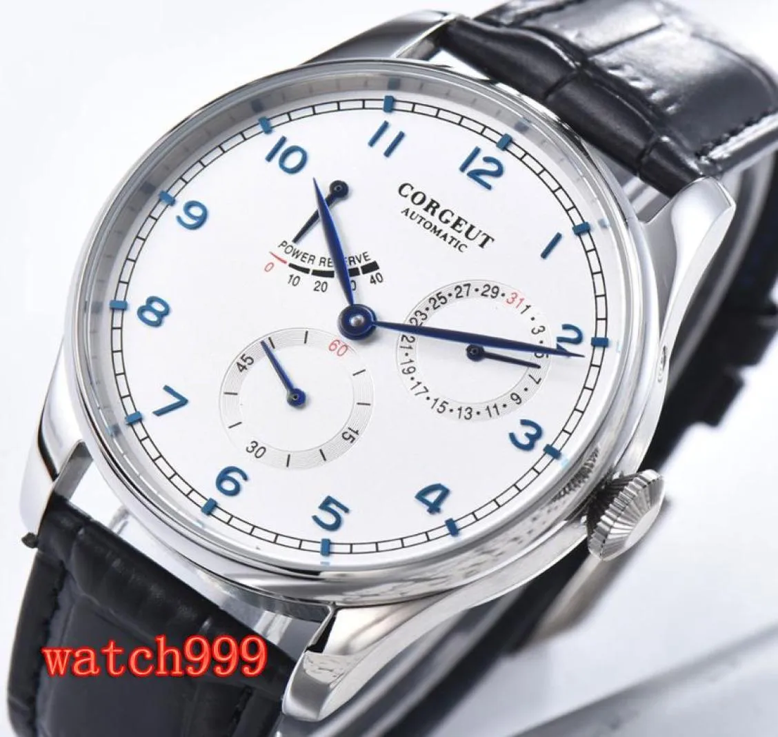 Zegarek 42 mm biała tarcza ze stali nierdzewnej Obudowa Power Reserve Men039s zegarki niebieski numer skórzany automatyczny mechanik mechaniczny 6345525