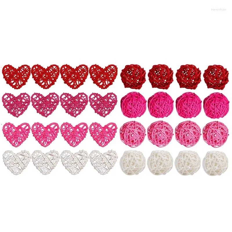 Figurines décoratives 32pcs de la Saint-Valentin en forme de coeur Round Round Rattan Balls 2 pouces Décorations en osier de mariage