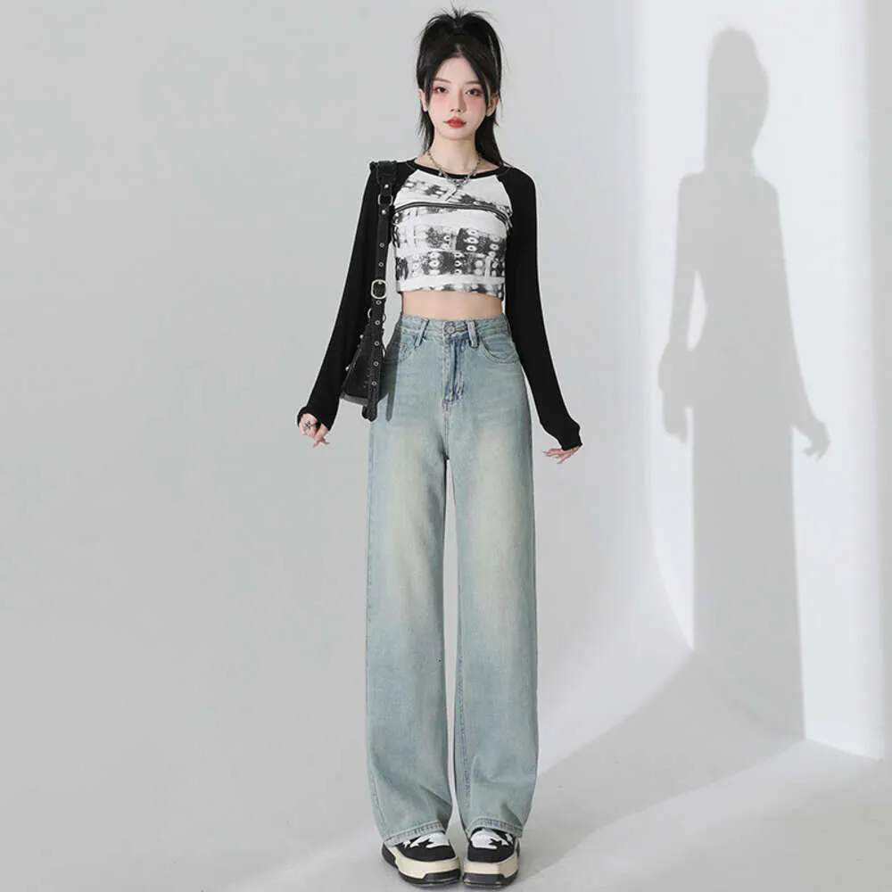 Jeans Womens Spring 2024 Ny hög midjebantningsdesign med V-formade golv som sveper breda benbyxor