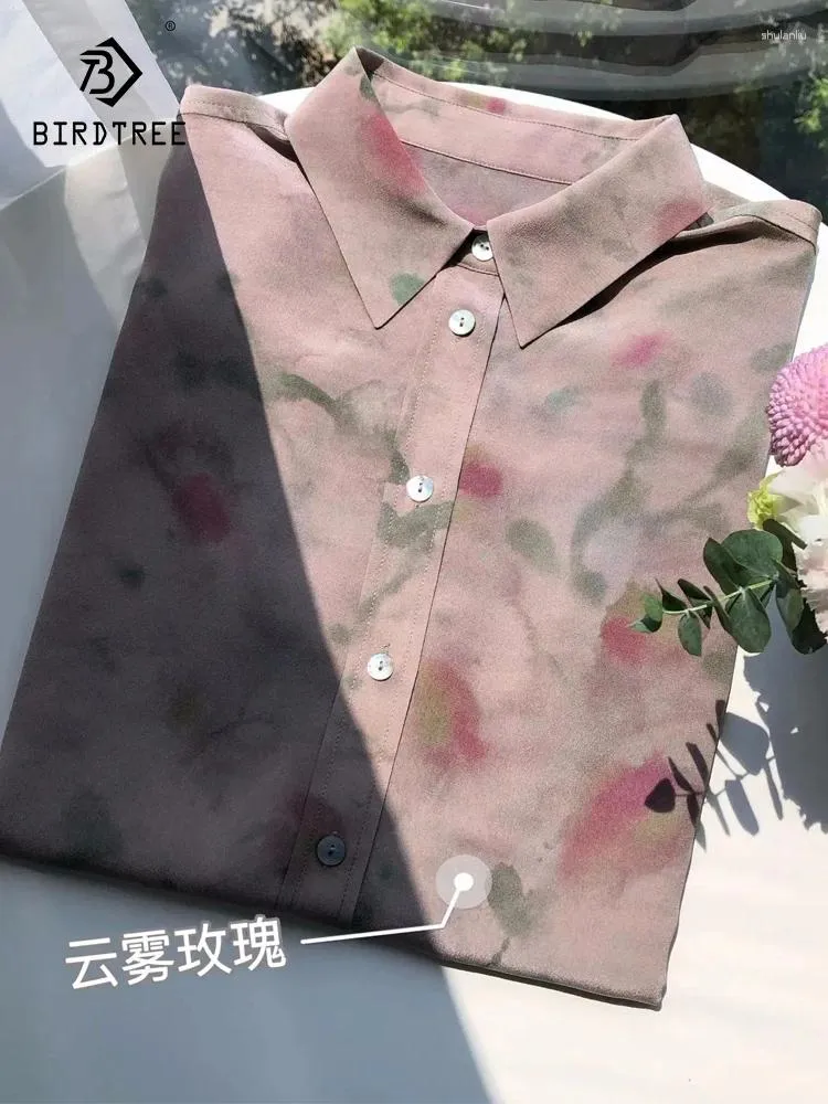 Blusas para mujeres Birdtree manga larga halo teñido elegante estilo francés de 18 mm camisa de seda real para mujeres 2024 top t41572qc