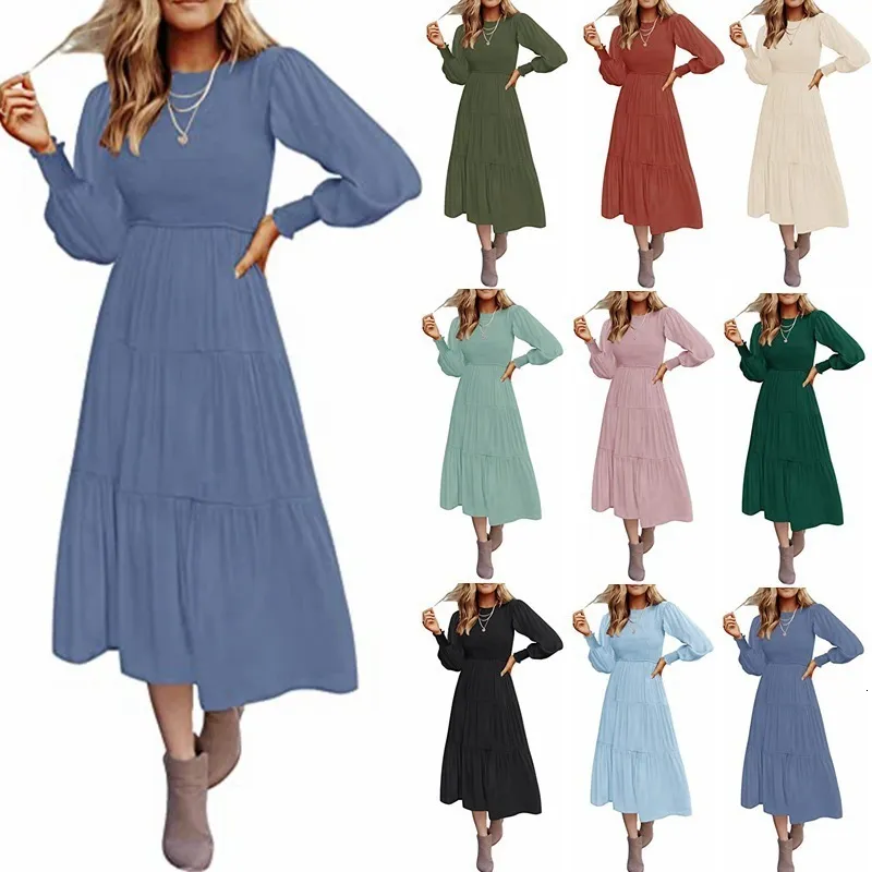2023 Womens Fashion Seller Long Sleeved Pleated Layered Short Large Hem Dress 240403