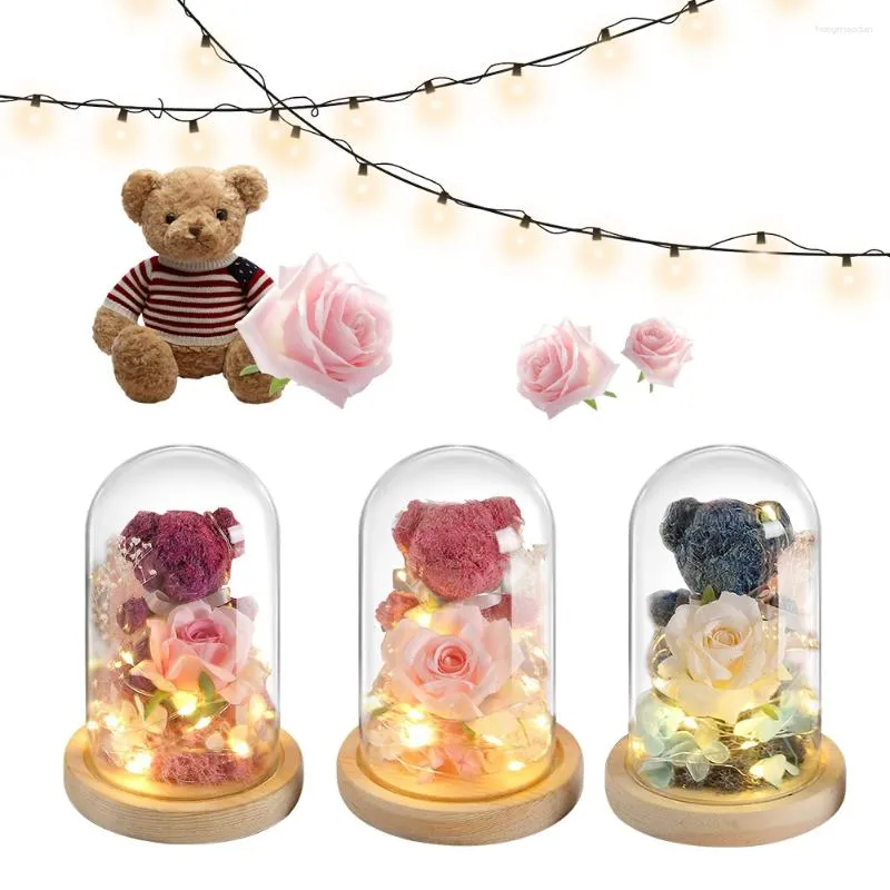 Dekorative Blumen Ewige konservierte Rose mit Stimmungslicht schöner Teddybär in Glas Freundin Valentinstag Geschenk