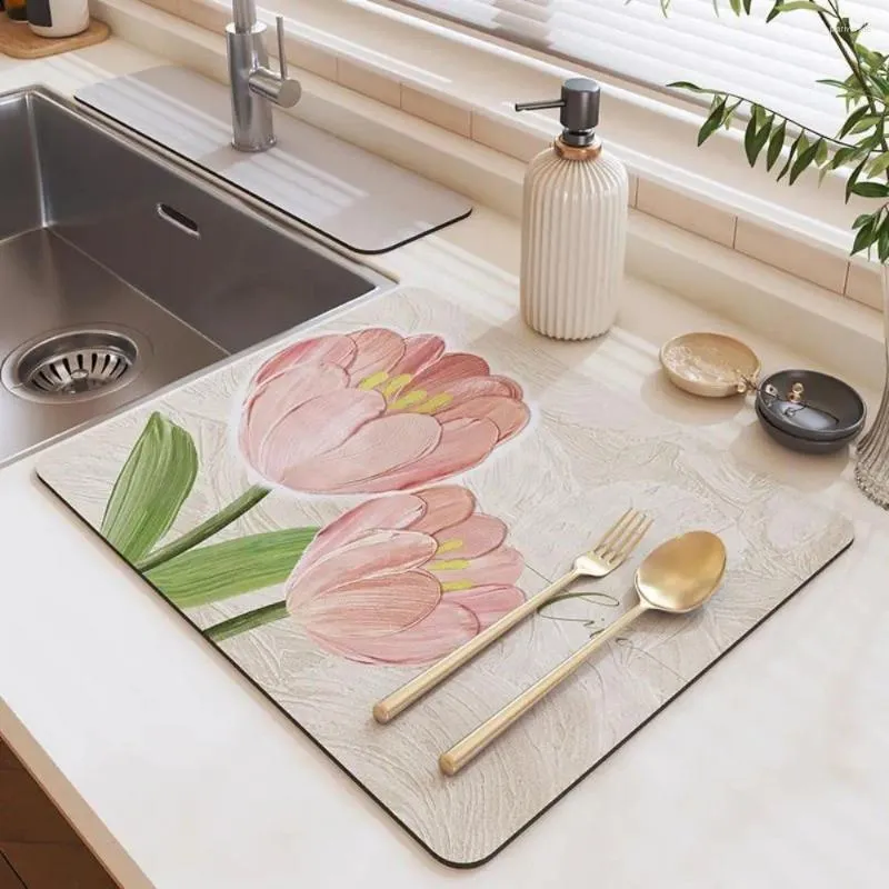 Tafelmatten Moderne diatomeeëngerecht Mat Elegante tulp bedrukte afvoerpad Niet-slip Super Absorberend serviesgoed