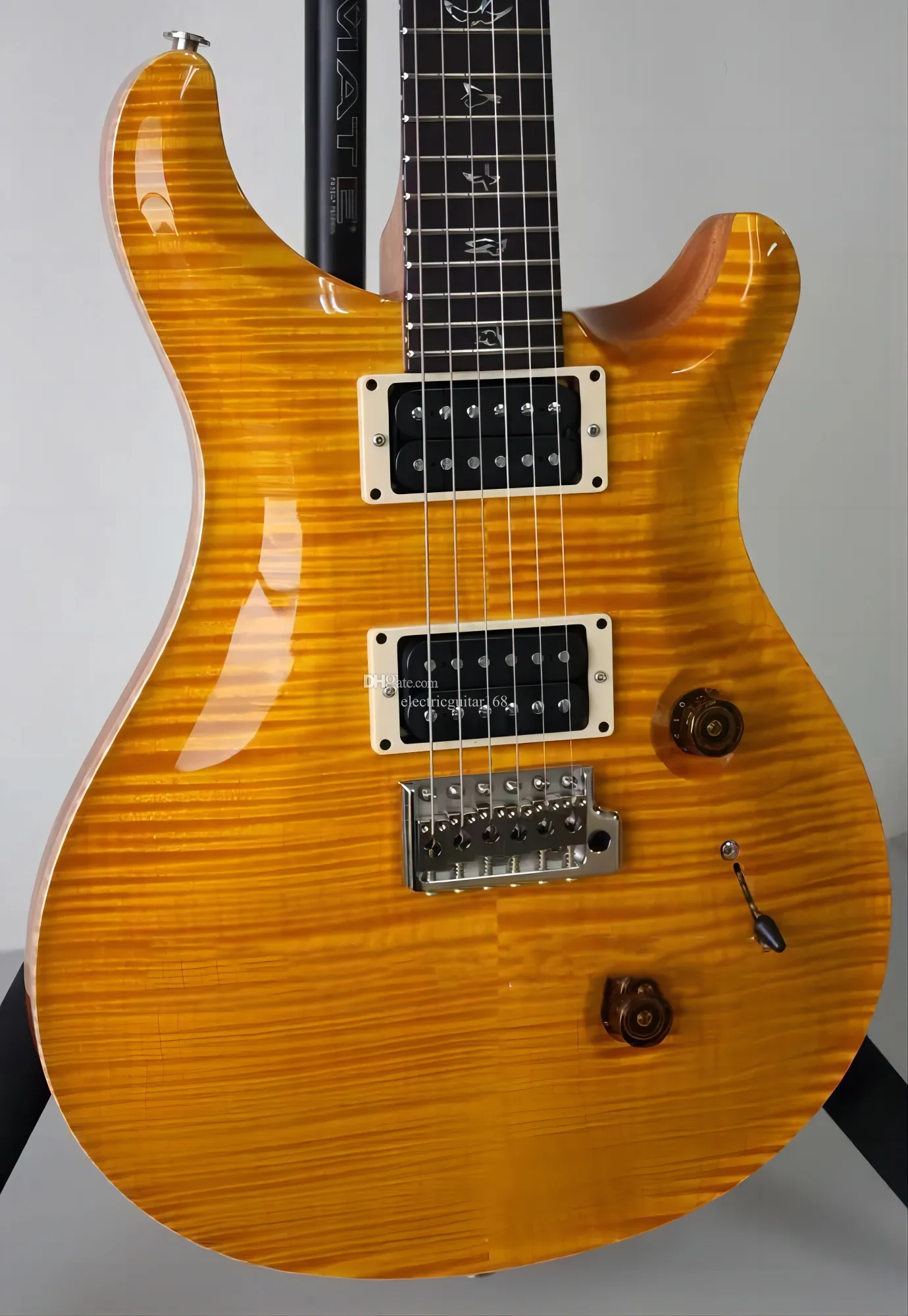 24 Privatlager Paul Smith Yellow Flame Maple Top Electric Guitar White Pearl Birds Inlay, Tremolo Bridge