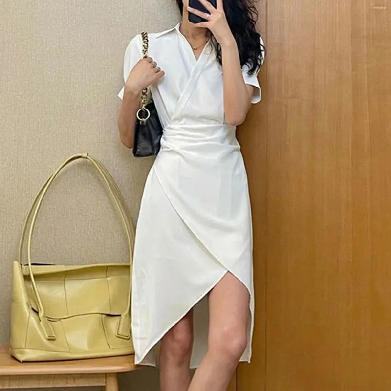 Party Dresses Women's Summer Chic Shirt Elegant Short Sleeve Plain Slim Midje Wrap Dress Office Lady Pendder Black White Korean