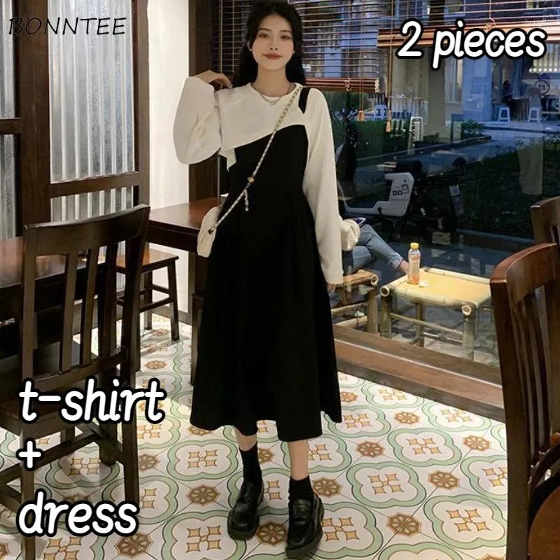 Vestidos de trabalho conjuntos mulheres puras minimalistas lazer diariamente camisetas de primavera colheita de moda midi moda coreana ladies design básico conceber doce concurso