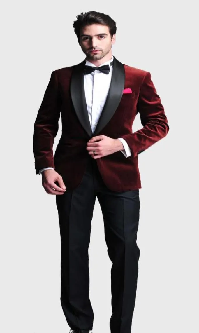 Burgundy Velvet Slim Fit 2020 Groom Tuxedos Wedding Suits Custom Made Groomsmen Man Prom Suit Black Pants alketpantsbow7486992