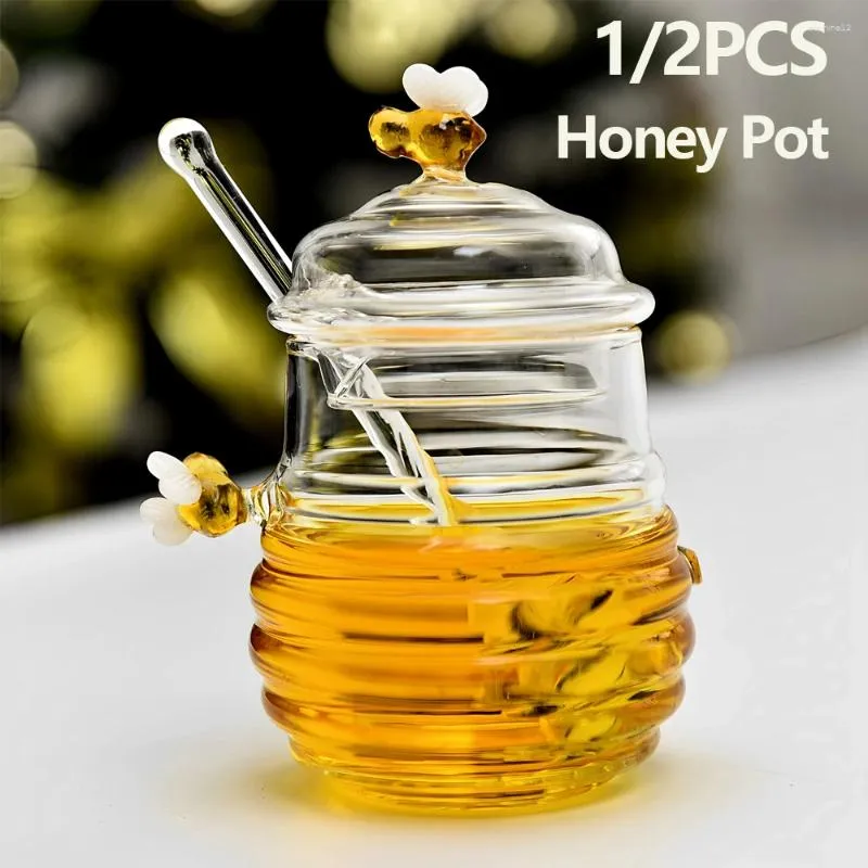 Bouteilles de rangement 1 / 2pcs en verre miel transparent en verre en nid d'abeille avec couvercle et tige de remuant de grande capacité bouteille pour la cuisine de café de cuisine