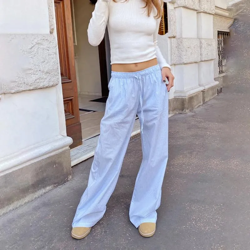 Pantalon féminin Y2K Casual Striped Imprimé cordon de crampon élastique Taille lâche pantalon long avec des poches Streetwear