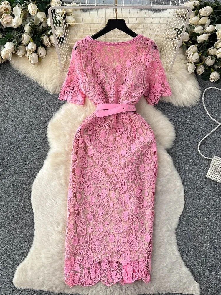 Bodycon Summer Dresses: Womens Short Sleeve Pink Lace Midi Dress With Gold  Buttons & Belt Perfect Evening Long Dresses For Women From Clothes2608,  $41.01 In Bulk | DHgate.Com