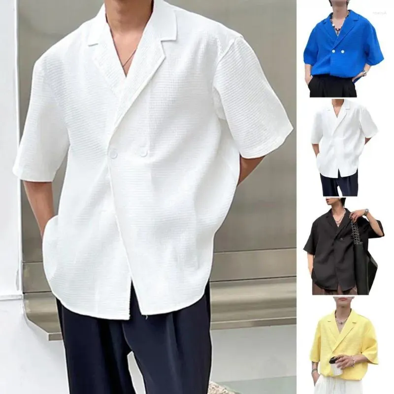 Mäns casual skjortor Turn-down krage skjorta sommarkondition med v hals våffla textur mjuk andningsbar snabbtorkande pullover för