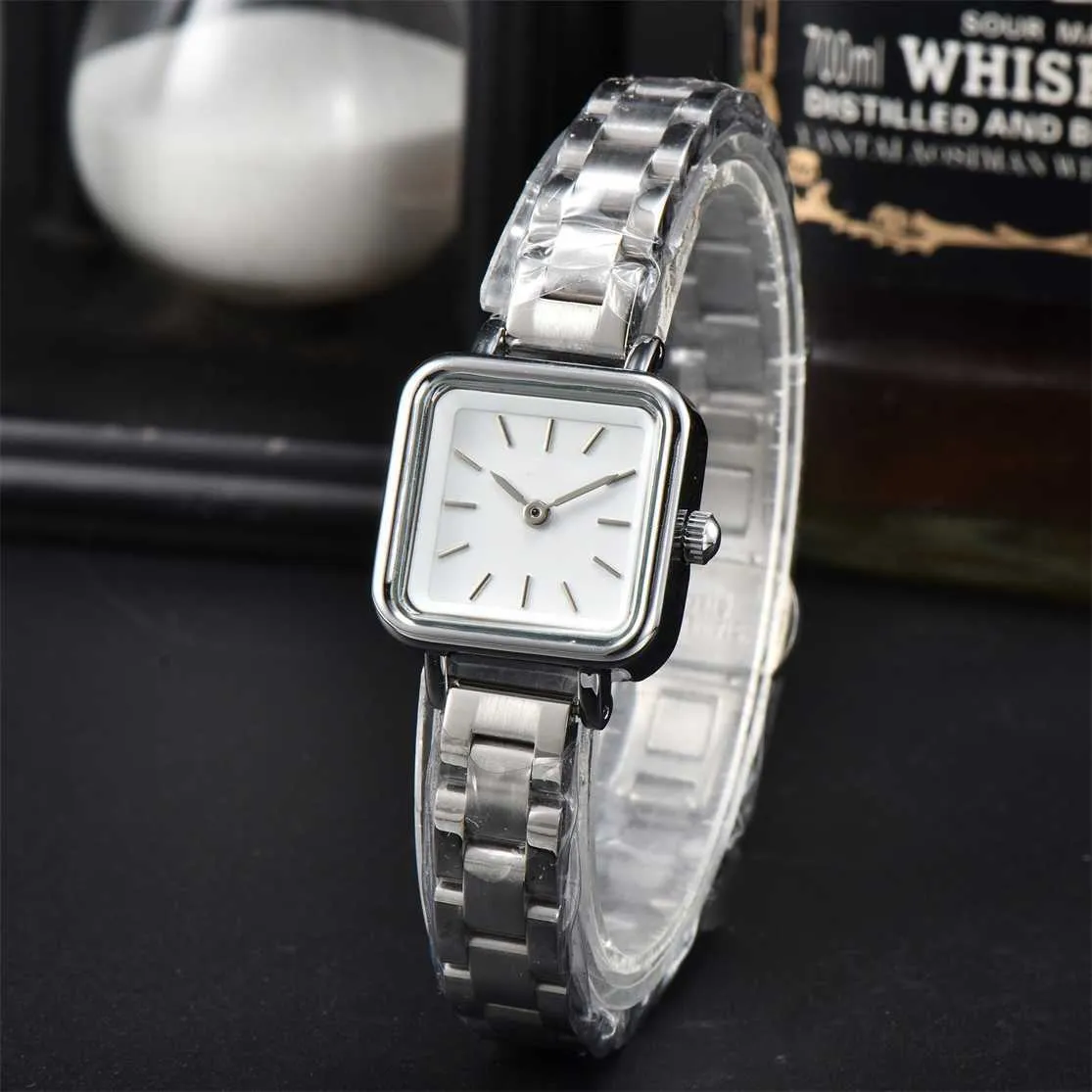 Designer Fashion Versatile Two Needle Casual Square Solid Steel Band Quartz Womens Watch DW