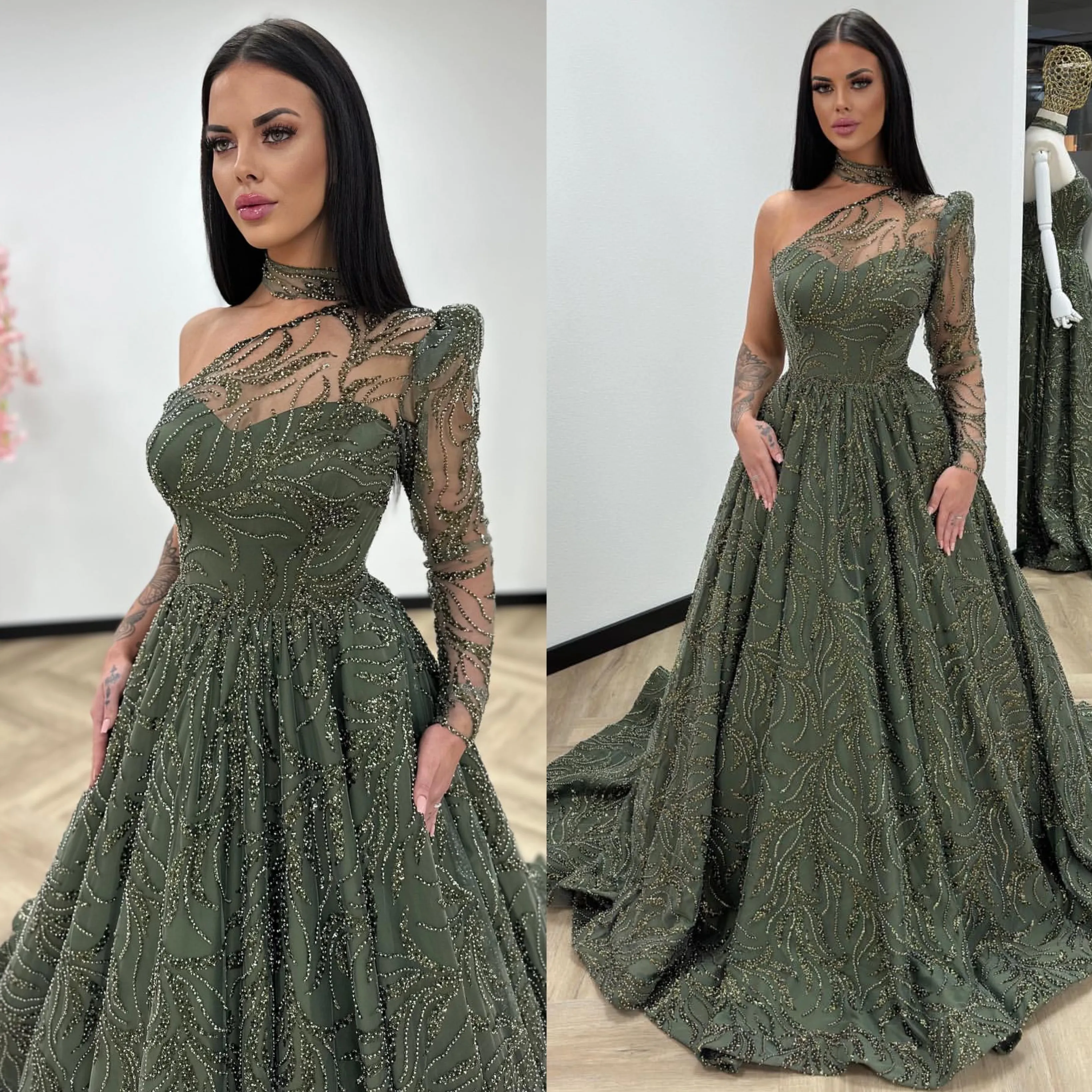 Olive Green Crystal Evening Dresses Elegant One Shoulder En linje Turkiet Prom Dress Beaded Custom Made Illusion Formal Party Bowns