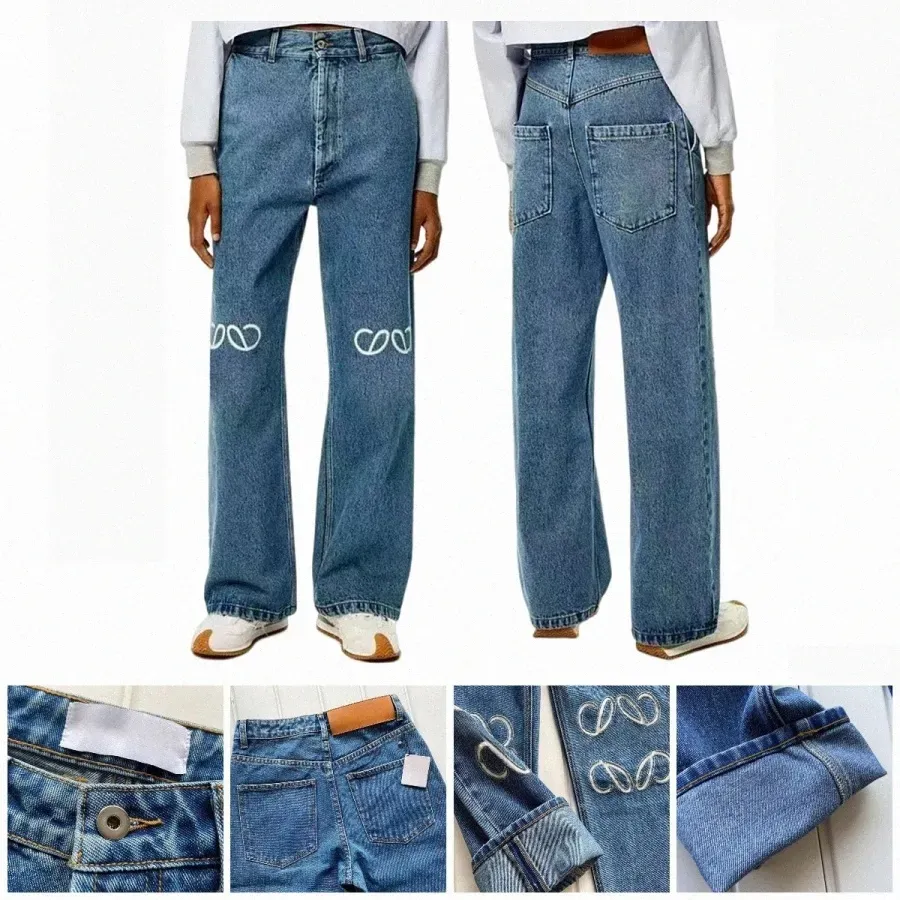 Designer jeans kvinnors jeans ankomster höga loewe midja gata ihålig lapp broderad dekoration avslappnad blå rak denim odefinierade byxor 1a