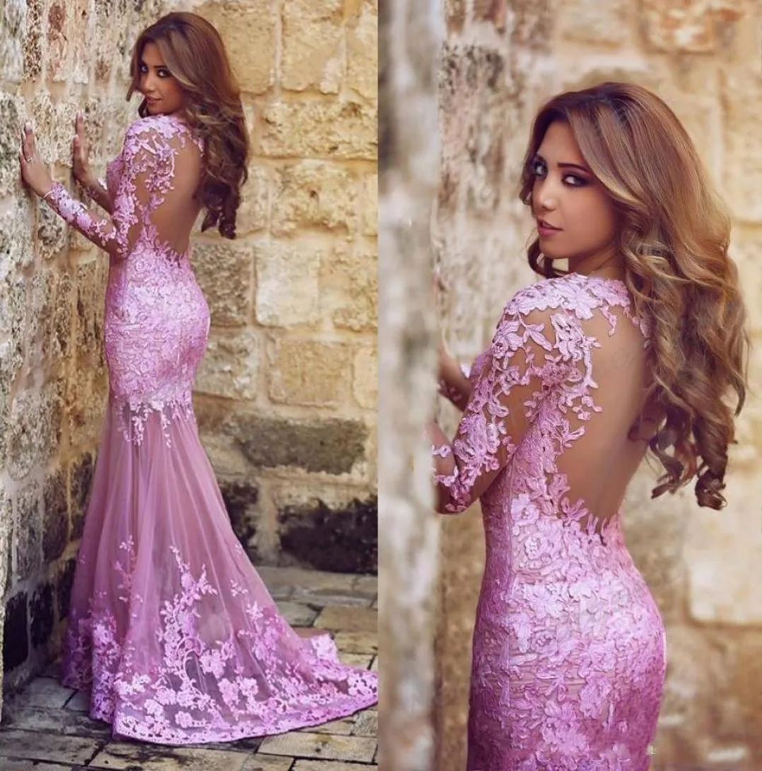 Evening Dresses 2018 Cheap Arabic Lilac Purple Jewel Neck Long Sleeves Lace Mermaid Sheer Illusion Long Party Dress Open Back Prom5694927