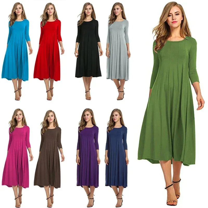 Plus Size Women Long Dress Round Neck Solid Color Frock Casual Clothing Medium Sleeved Skirt Autumn Winter Party Style Longuette 240320