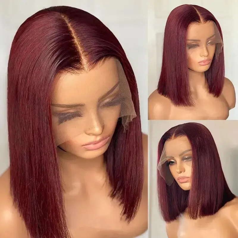 13x4 99J Short Bob Human Hair Dark Red Burgundy Color Full Frontal Blunt Cut Bone Straight Front For Black Woman 240401