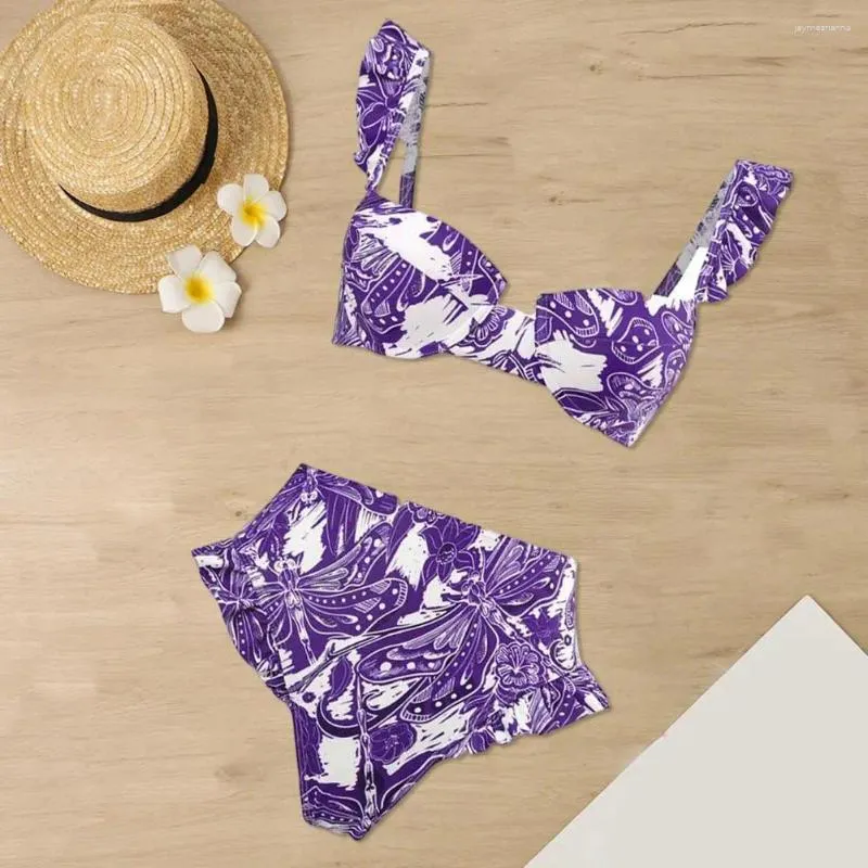 Dames badkleding ruches bikini set bohemia -stijl mouw bandeau bh met hoge taille zwembloem bloemenprint tweedelige dames voor vrouwen