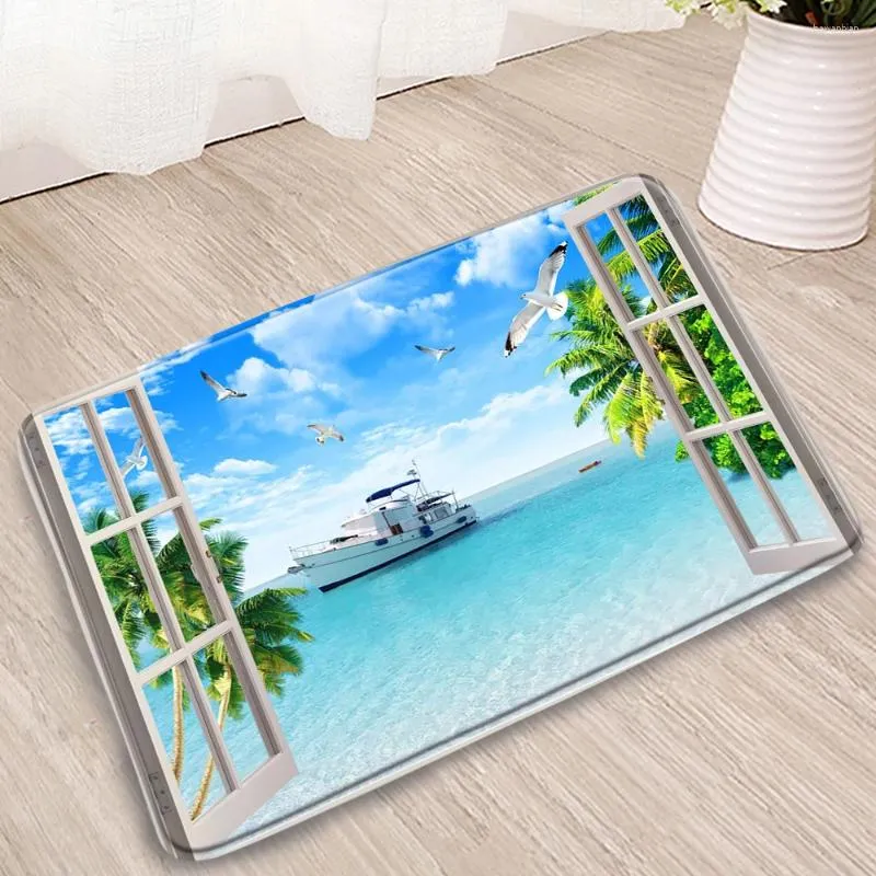 Tappetini da bagno oceano 3d wondow bagno tappetino spiaggia tropicale vegetrice verde palma da casa cucina camera da letto flanella tappeti non slittatore poremats lavabile