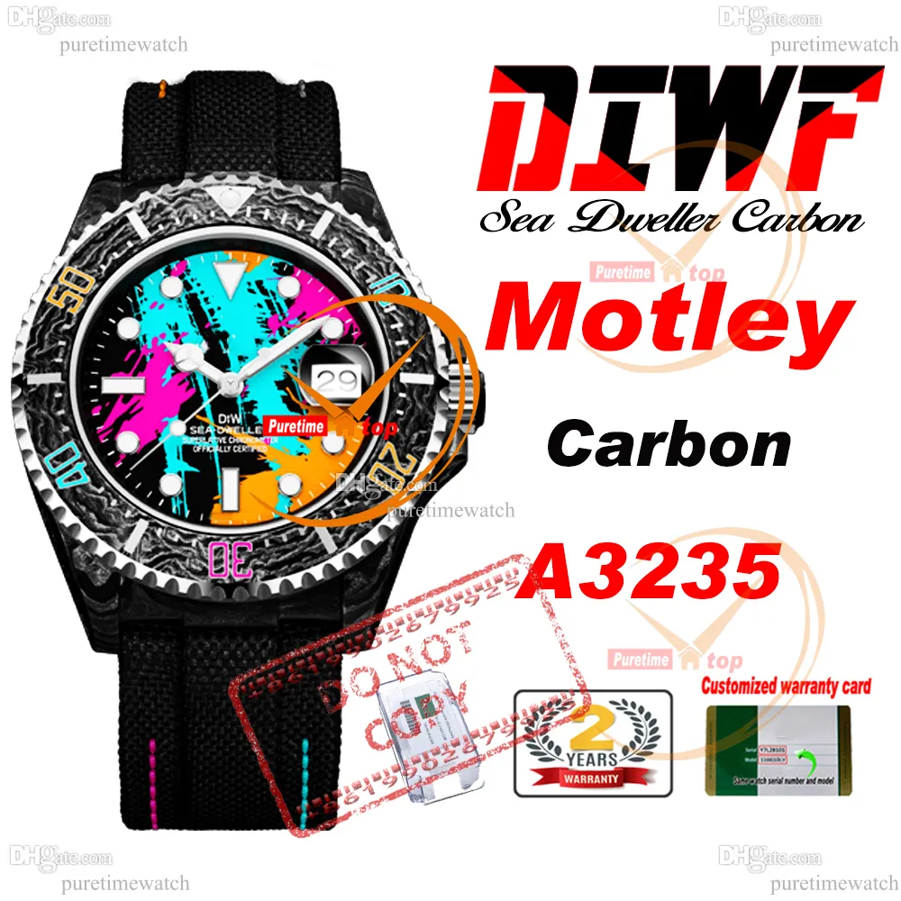 Sea Dweller Motley Carbon A3235 Automatisk herrklocka 43 DIWF V3 Colorful Graffiti Dial Black Nylon Strap Super Edition Samma Serial Card Puretime Reloj Hombre PTRX F2