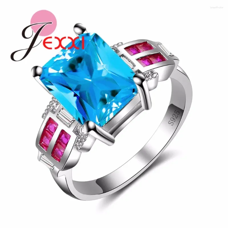 Cluster Anneaux Fine 925 Bijoux à aiguille en argent sterling pour les fiançailles de mariage Femmes Elegant Finger Ring Red et Blue Clear CZ Crystal Inter