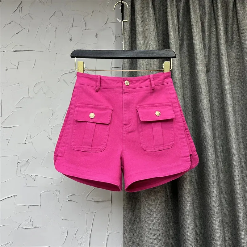 Rose Red High Taist Denim Shorts Summer Fashion Split Mink Bouton All-Match A-Line Wide-leg Cargo Pantal