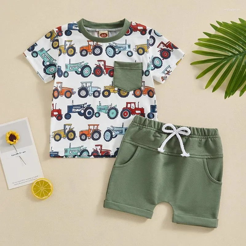 Clothing Sets Summer Fashion Toddler Kids Baby Boys Clothes Car Print Pocket Short Sleeve T-shirts Tops Drawstring Shorts Outfits