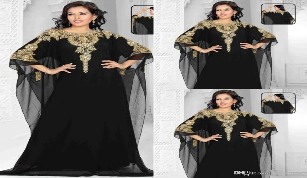 Dubai Evening Gowns Chiffon Gold And BlackCrystals Beaded Plus Size Prom Dress Cap Sleeve Arabic Kaftan Long Formal Evening Dresse2329199