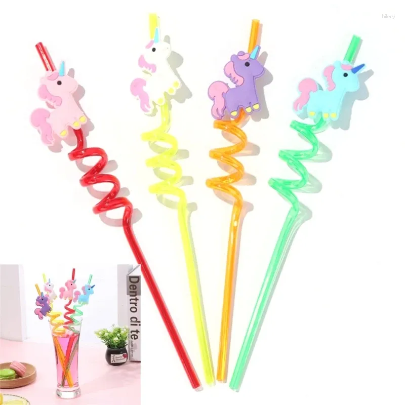 Disposable Cups Straws 4pcs Reusable Drinking Birthday Party Decorations Colorful Cartoon Unicorns Straw Curved Plastic For Kid KXRE