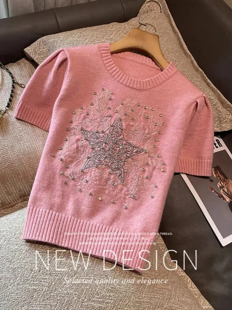 Sweater Womens Street Fashion Pullover Round Neck Short Sleeves With Diamond Chic Embroidery Star Pink Knitted T Shirt 240321