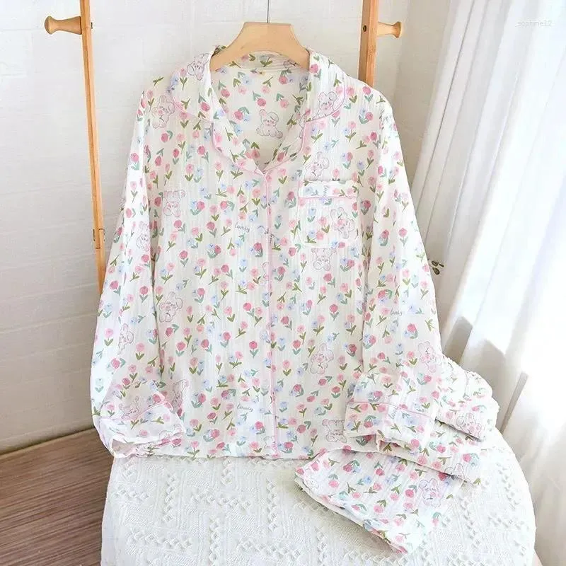 Home Clothing Cotton Domowe odzież domowa słodka/zima set damski piżama długa część róża urocza czyste spodnie print z rękawem 2024 2