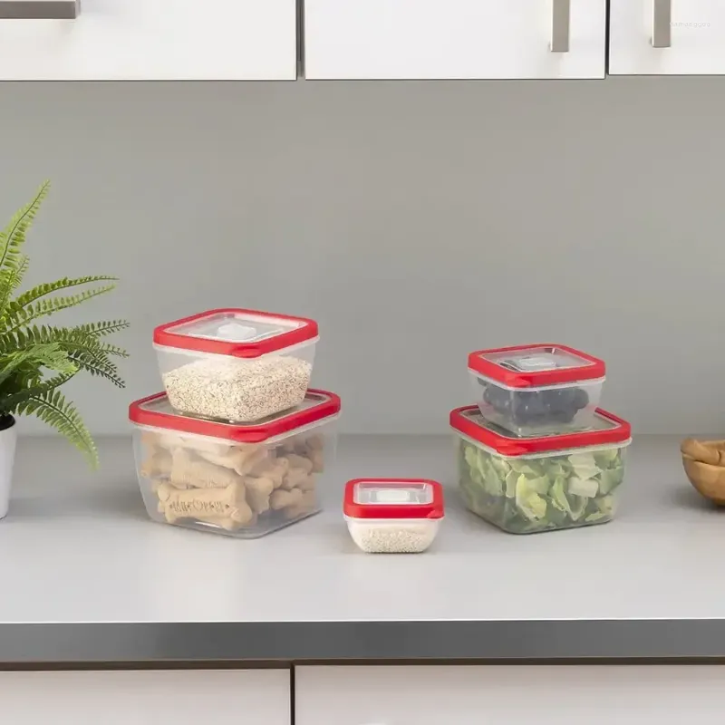 Garrafas de armazenamento 10 peças de recipiente de alimentos de plástico quadrado conjunto de itens de organizador de cozinha vermelha