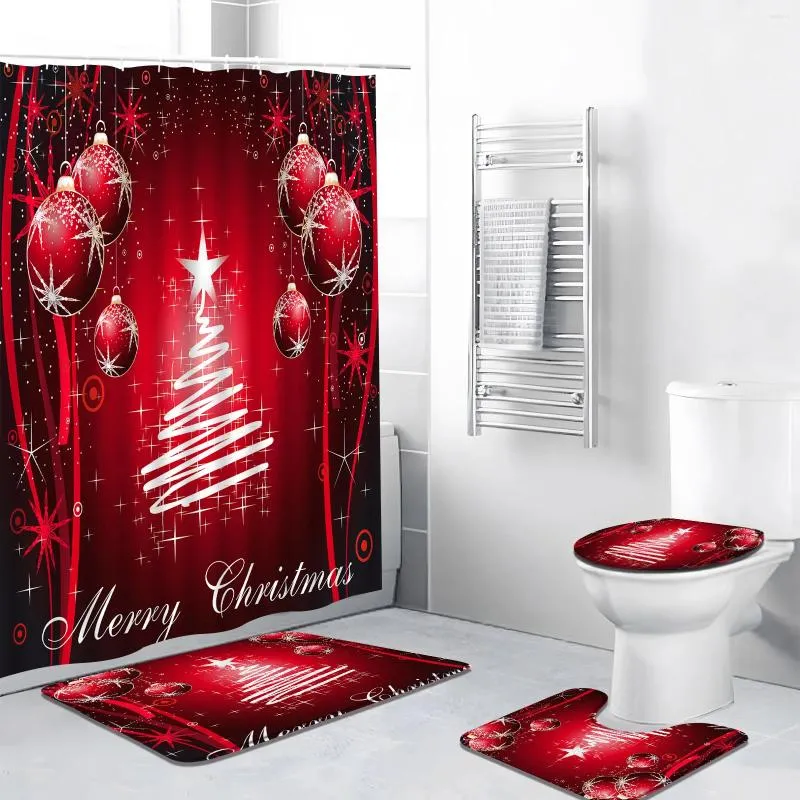 Shower Curtains 4pcs Christmas Curtain Set With Rug Cartoon Xmas Ball Year Joy Festive Theme Polyester Fabric Bathroom Decor Bath Mat