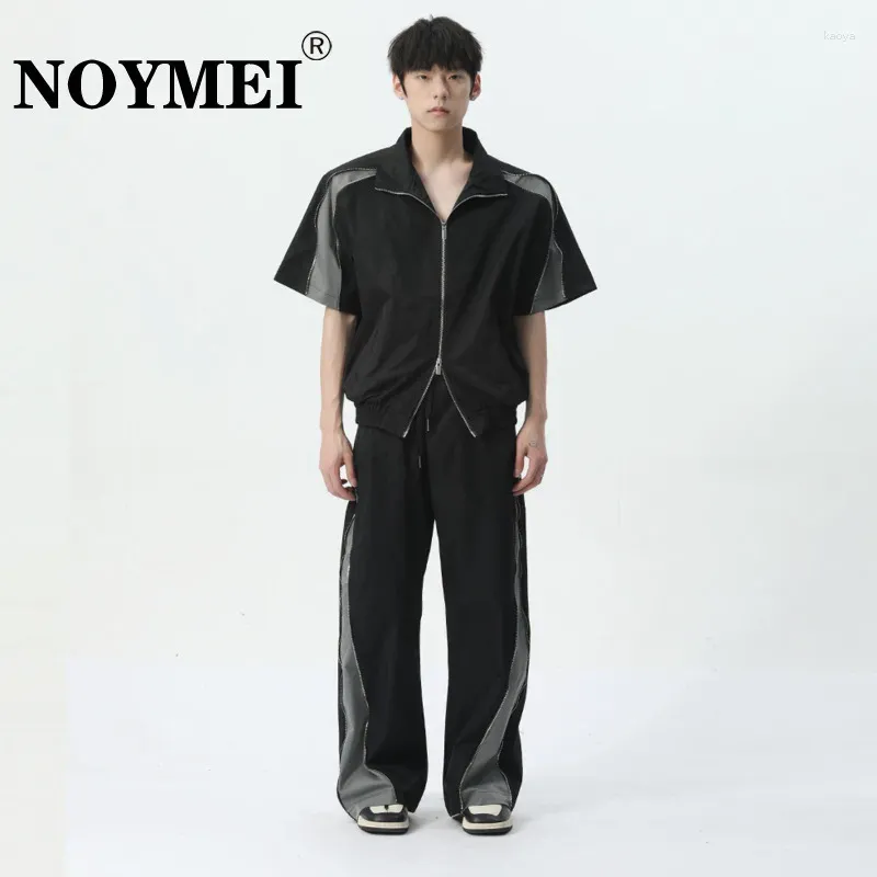 Men's Tracksuits NOYMEI Contrast Color Two Pieces Set Korean Style Casual Zipper Patchwork Short Sleeve Coat Straight Wide Leg Pants WA4188