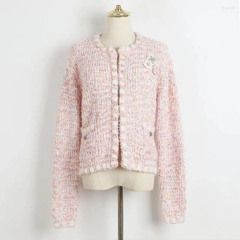 Women's Knits 2024 Spring/summer Sweet Hooked Flower Knitted Cardigan Women Pink Romantic Elegant Long Sleeve Sweater Coat