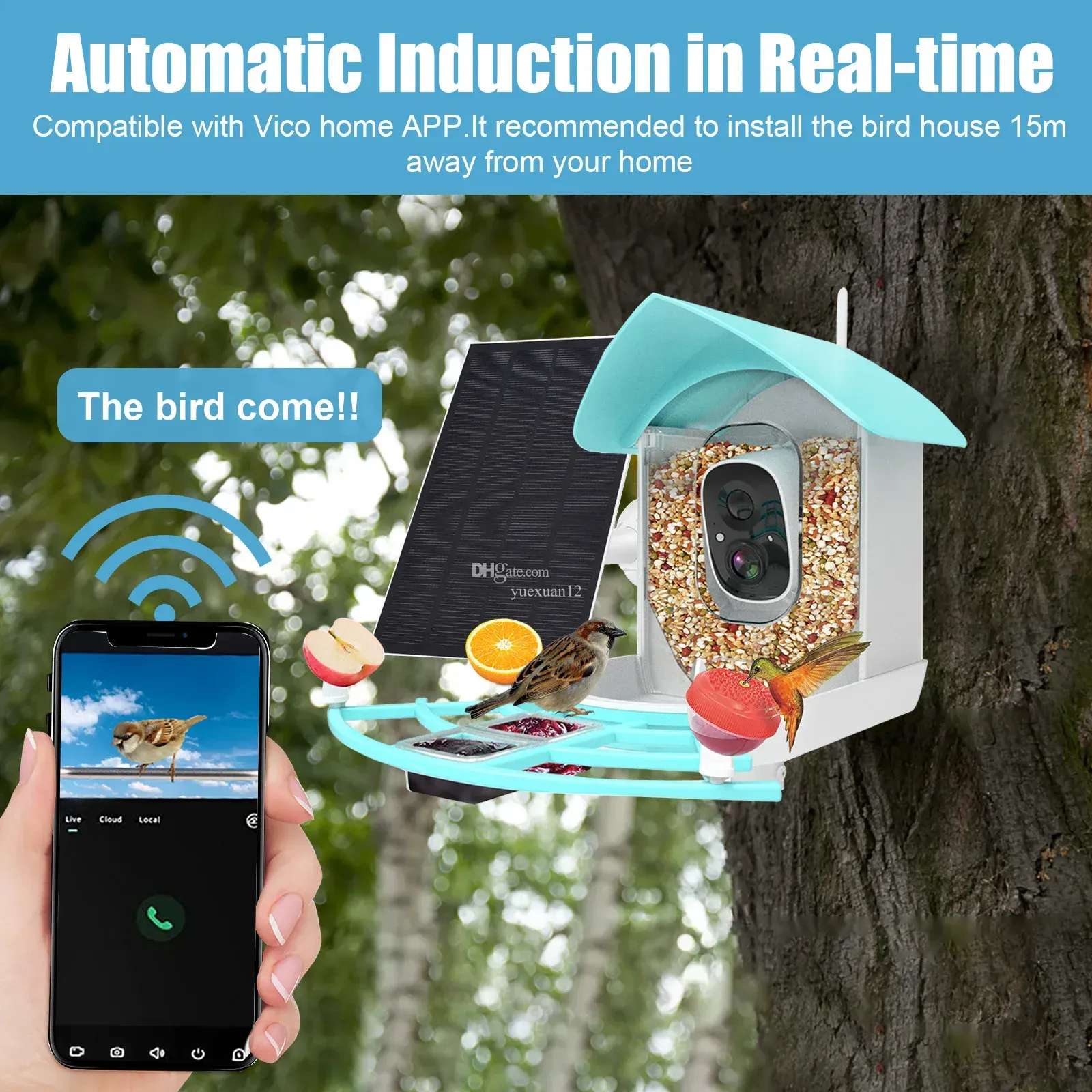 Yuexuan Designer Smart Bird Feeder Solar avec appareil photo 1080HD Vision nocturne Caméra AI Reconnaissance Espèce d'oiseau Connexion Auto capture Auto Capture 5000mAh Bird Supplies