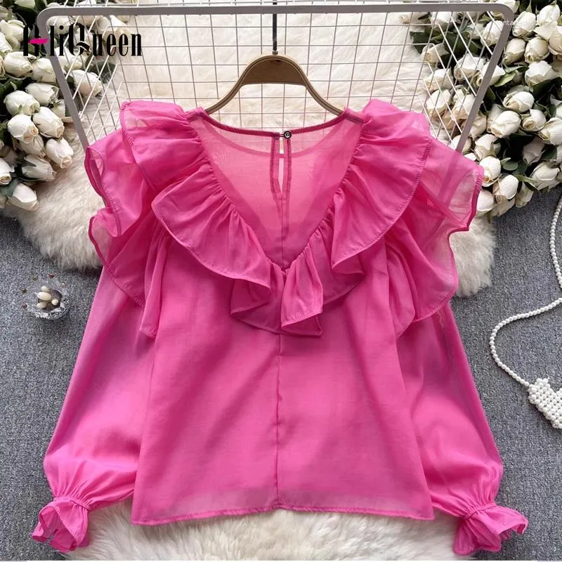 Women's Blouses Elegant Vintage Loose Pink Ruffles Patchwork Women Summer Long Lantern Sleeve O Neck Blouse Y2k Chiffon Top Blusas Mujer