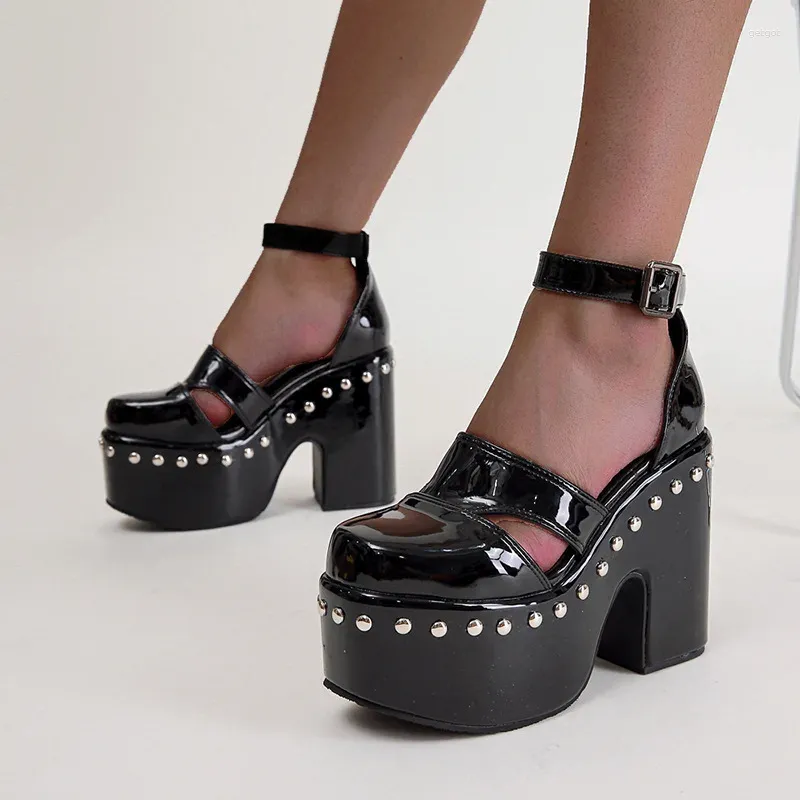 Платье обуви 14 см высотой платформы на каблуке Толстая нижняя кожаная кожа Черные сандалии для женщин Лето Большой размер 34-43