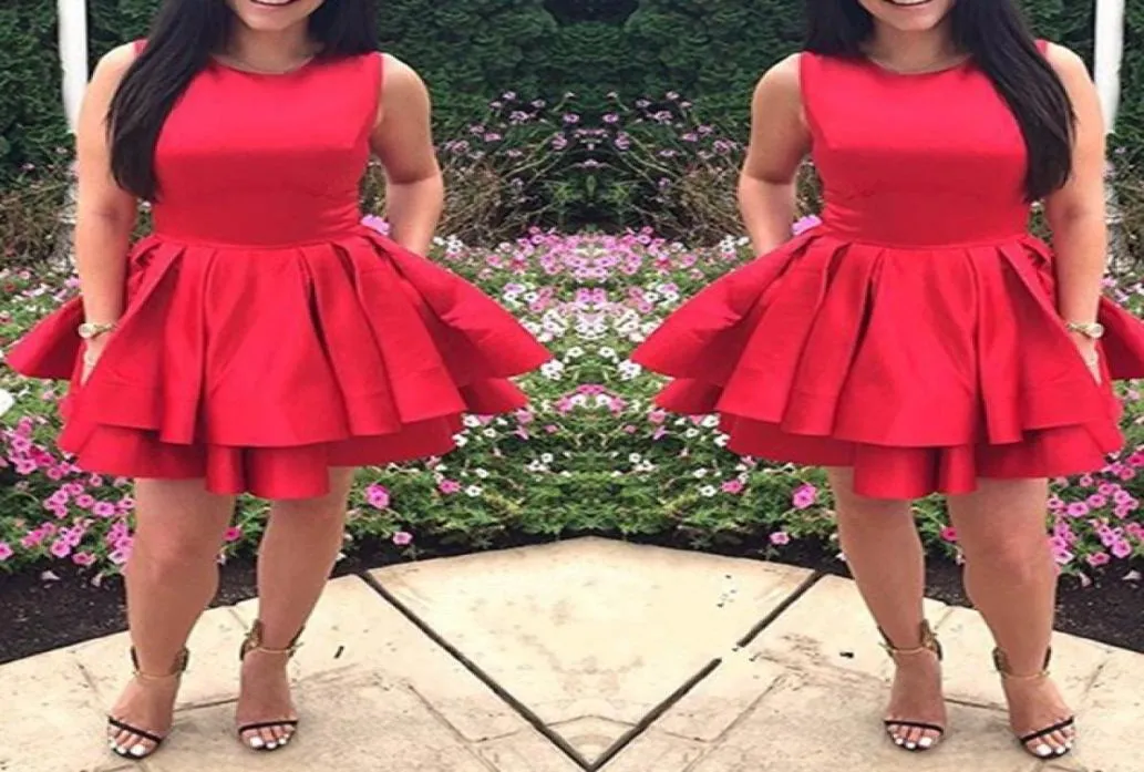 Simple Fashion Red Short Homecoming Dresses Sleeveless Satin Ruffles Layered 8th Grade Graduation Gowns Custom Made Plus Size Prom7019390