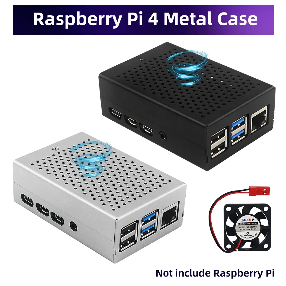 Case di lampone PI 4 Custodia metallica Shell di prese d'aria Nera Sier con ventola di raffreddamento Alimentatore di dissipatore di calore opzionale per lampone PI 4 Modello B