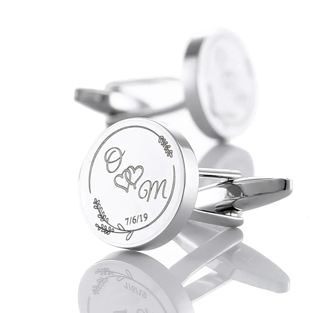 Nome personalizado Data Cufflinks para homens iniciais personalizados Botões do noivo Botões de casamento Round Sould Suit Jewelry Gifts 240403