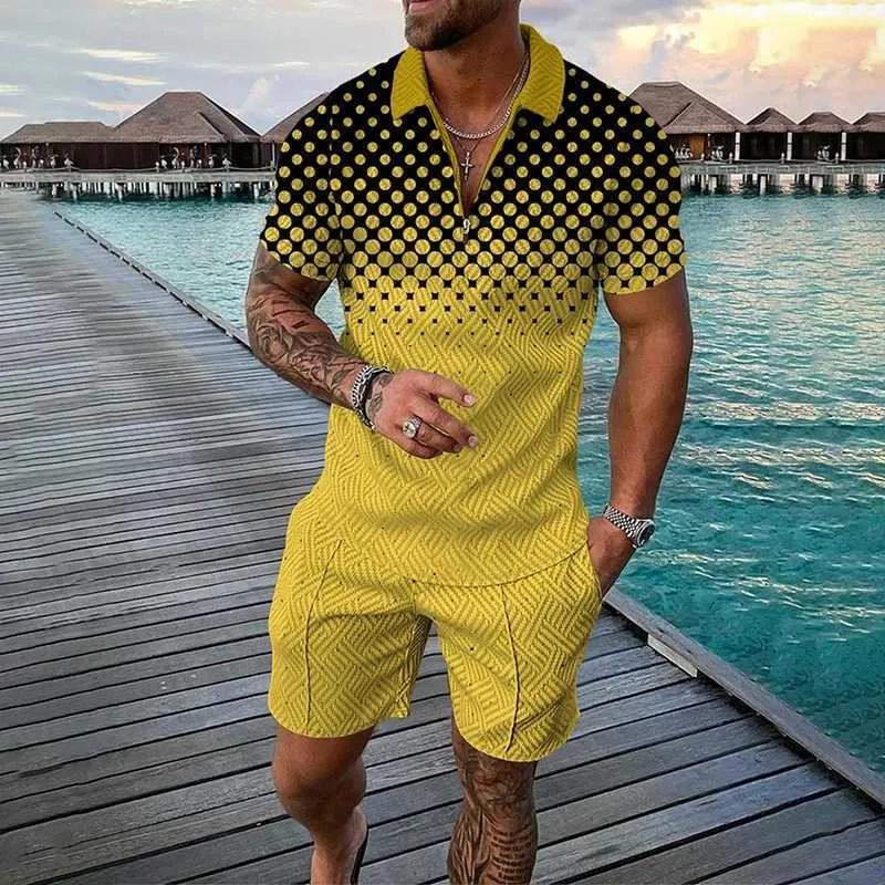 2023 Summer Mens Fashion Casual 3D Printed V Neck Zipper