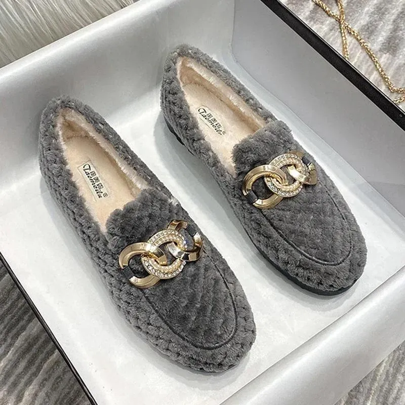 Sıradan Ayakkabı Kış Kırık Yün Kadın Peluş Kürk Flats Pamuk Loafers Bayanlar Marka Kristal Zinciri Moccasin Femme Kuzu Sneaker