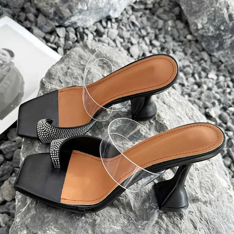 ドレスシューズliyke Summer Summer Open Toe Mules High Heels Slippers女性クリスタルラインストーンサンダルPVC透明ストラップスライドパーティー女性H240403B3T