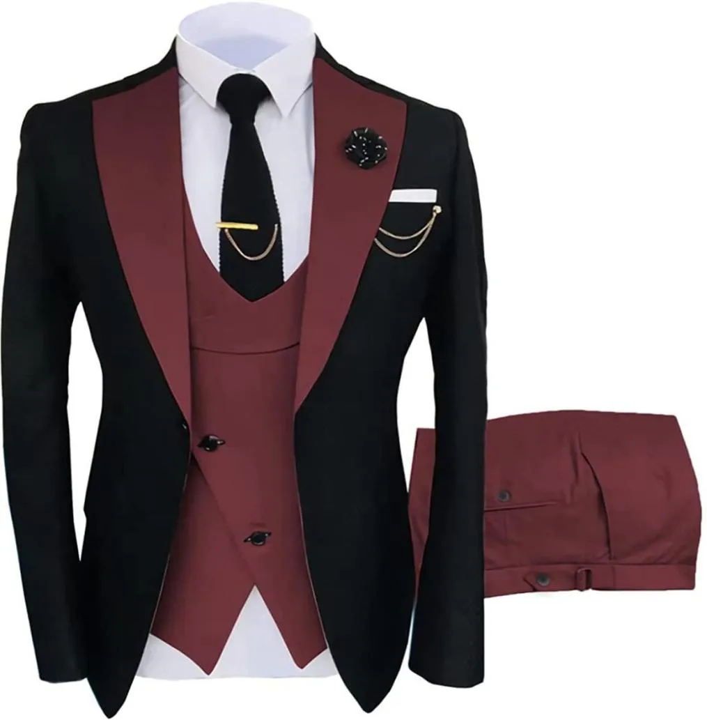 Burgundy Wedding Tuxedos Mens SUP SUITS ATTO SLIT SLIP FIT COSSE per uomini Blazer Giacca da tre pezzi e pantaloni PA7289938
