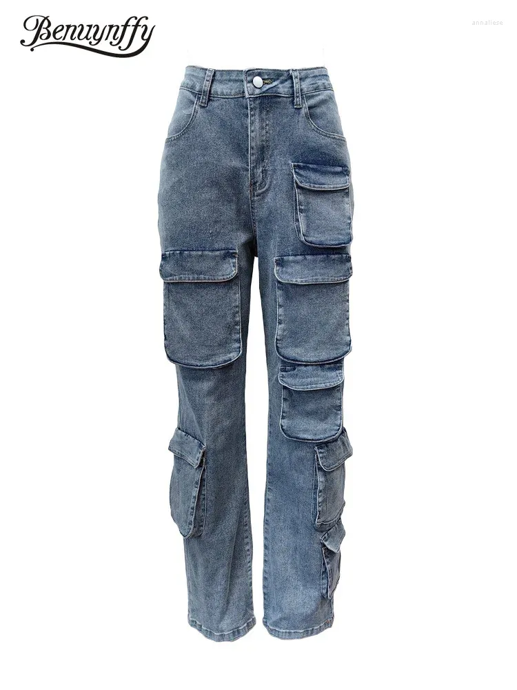 Jeans féminins Benuyffy 2024 Pantalon de cargaison American Streetwear Vintage multi-poche décontracté Low Raist Y2K Vêtements